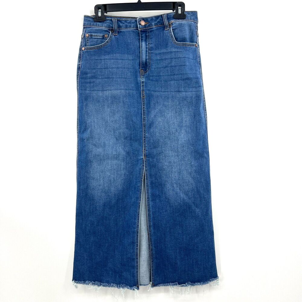 OAT New York Denim Maxi Skirt Womens 6/28 Long Front Slit Raw Hem Blue